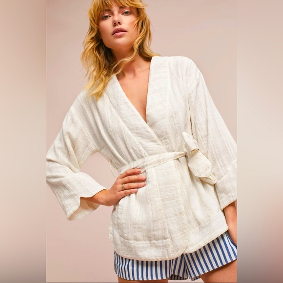 Anthropologie Jackets & Blazers - HEI HEI Anthropologie Amita Cream Gold Metallic Stripe Kimono Belted Jacket S